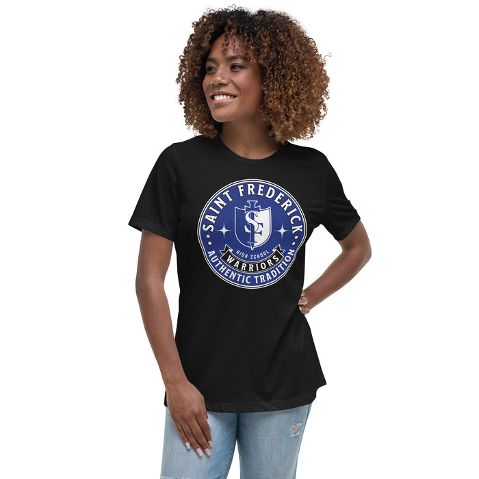 Woman wearing St. Frederick High School Warriors Women's Black T-shirt 215