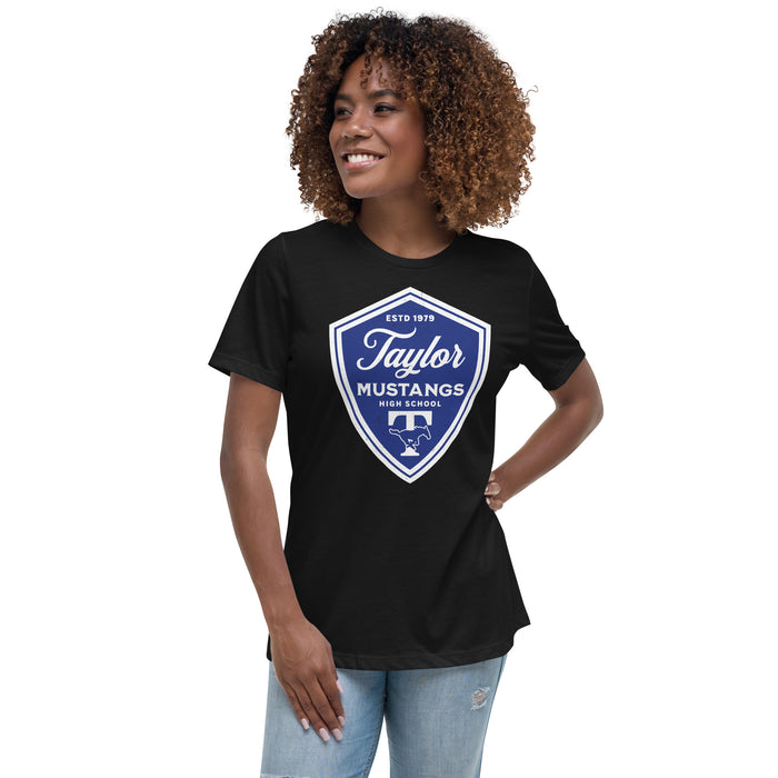 Woman wearing Taylor High School Mustangs Women's Black T-shirt 225