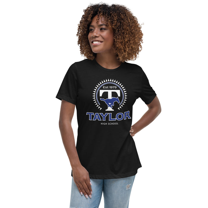 Woman wearing Taylor High School Mustangs Women's Black T-shirt 226