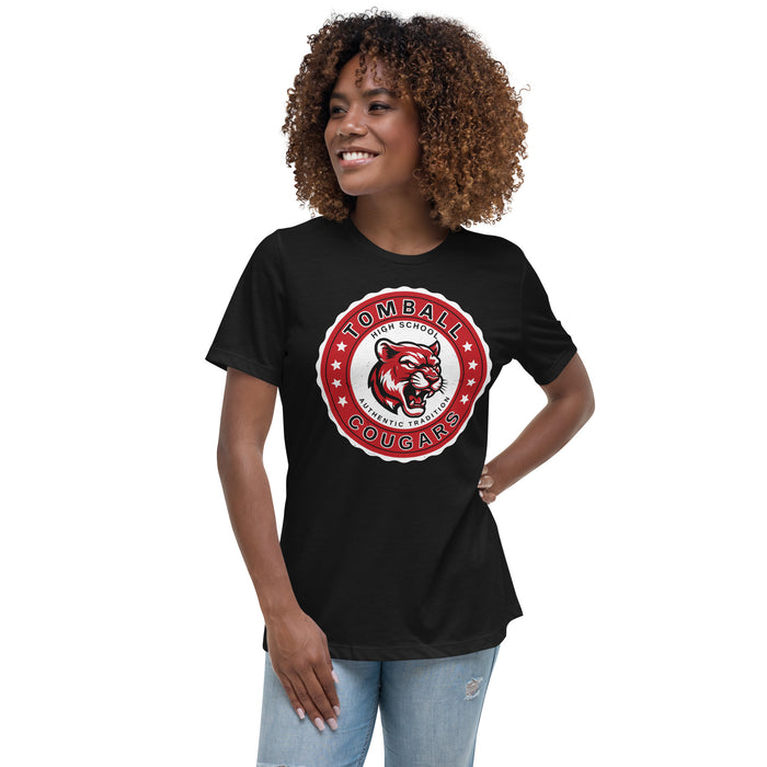 Woman wearing Tomball High School Cougars Women's Black T-shirt 216