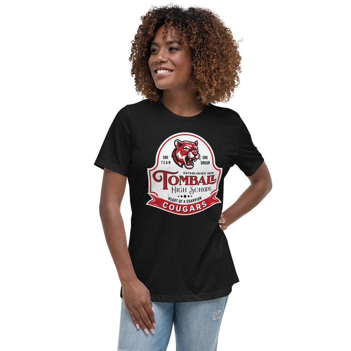 Woman wearing Tomball High School Cougars Women's Black T-shirt 219