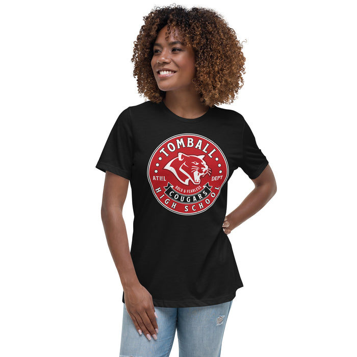 Woman wearing Tomball High School Cougars Women's Black T-shirt 215