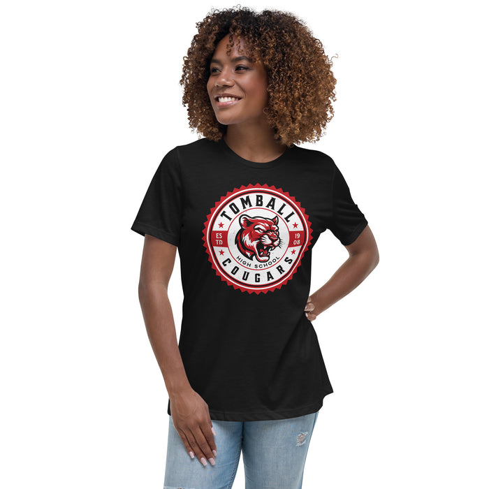 Woman wearing Tomball High School Cougars Women's Black T-shirt 203