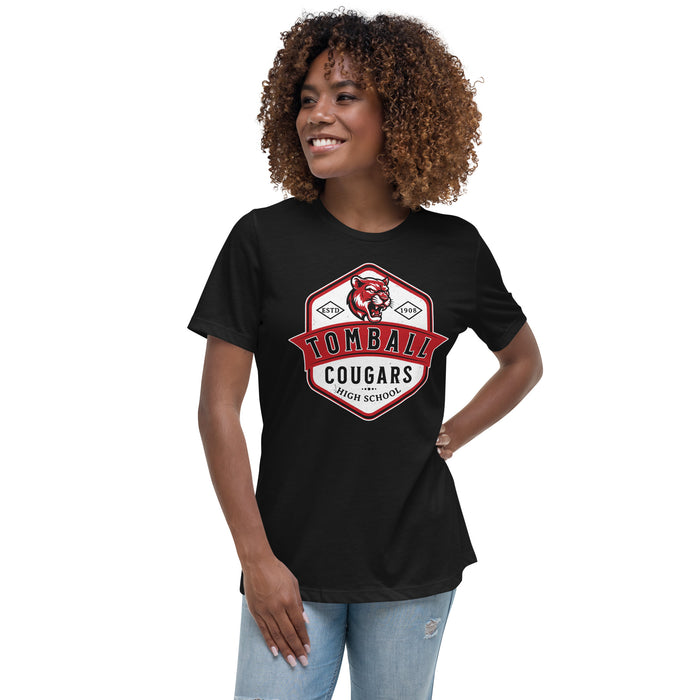 Woman wearing Tomball High School Cougars Women's Black T-shirt 209