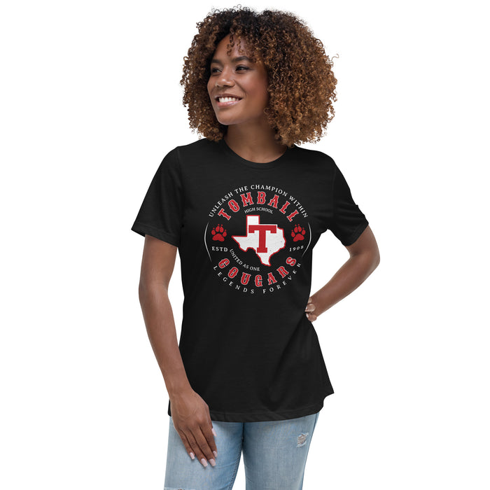 Woman wearing Tomball High School Cougars Women's Black T-shirt 214