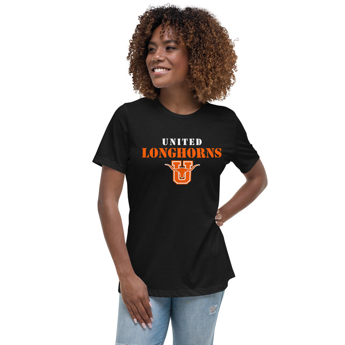 Woman wearing United High School Longhorns Women's Black T-shirt 222