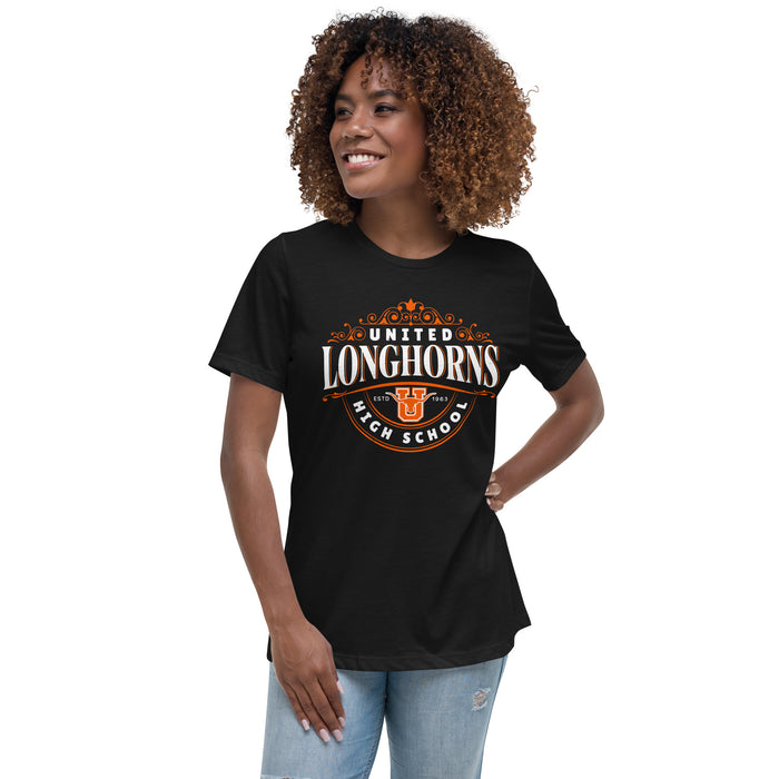 Woman wearing United High School Longhorns Women's Black T-shirt 211