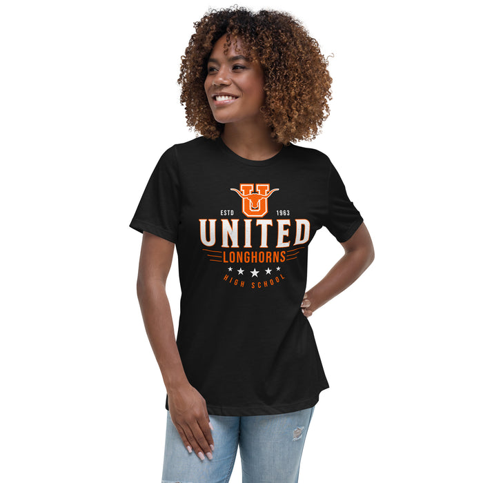 Woman wearing United High School Longhorns Women's Black T-shirt 217