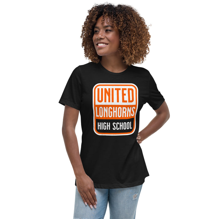 Woman wearing United High School Longhorns Women's Black T-shirt 001