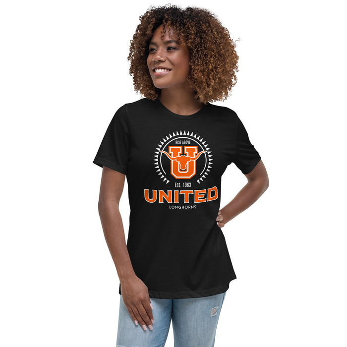 Woman wearing United High School Longhorns Women's Black T-shirt 226