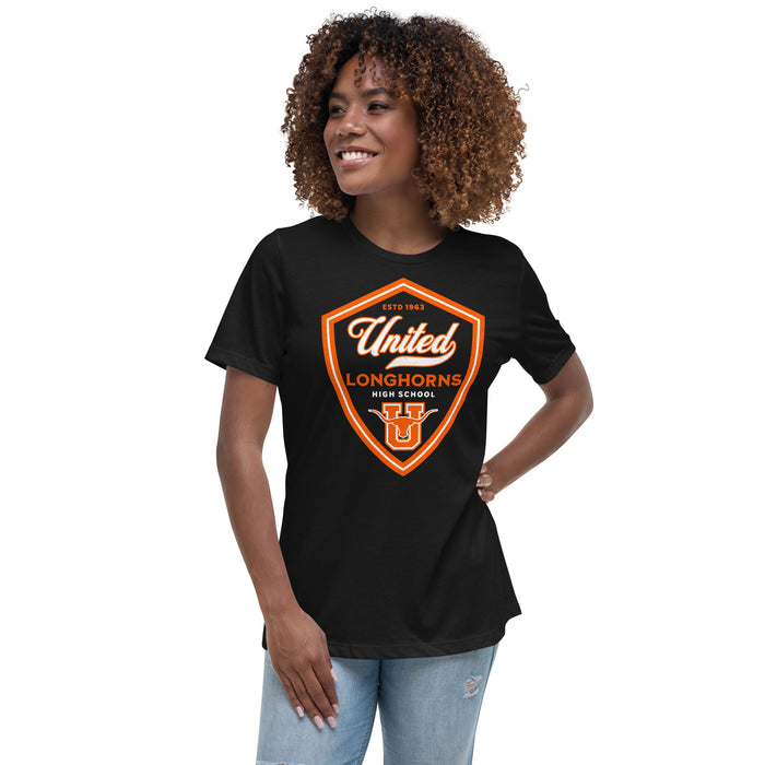 Woman wearing United High School Longhorns Women's Black T-shirt 225