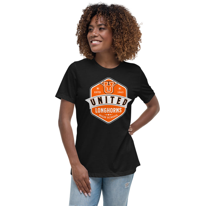 Woman wearing United High School Longhorns Women's Black T-shirt 209