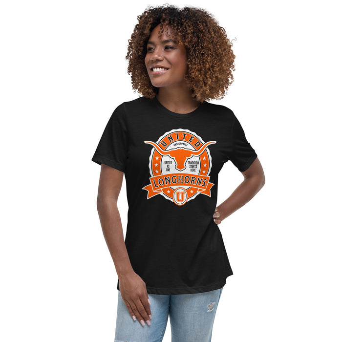 Woman wearing United High School Longhorns Women's Black T-shirt 212