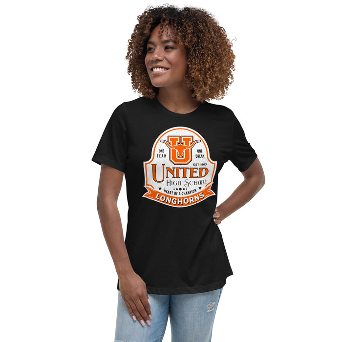 Woman wearing United High School Longhorns Women's Black T-shirt 219