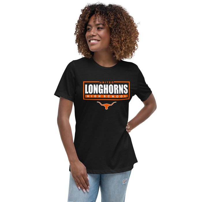 Woman wearing United High School Longhorns Women's Black T-shirt 049