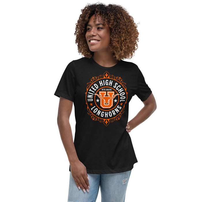 Woman wearing United High School Longhorns Women's Black T-shirt 227