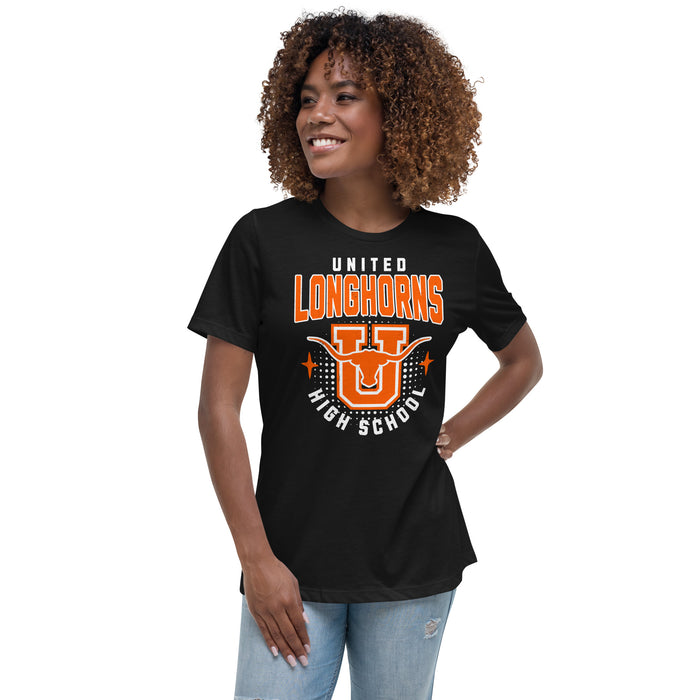 Woman wearing United High School Longhorns Women's Black T-shirt 204