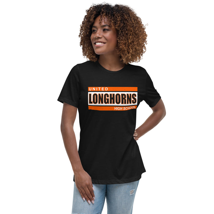 Woman wearing United High School Longhorns Women's Black T-shirt 098