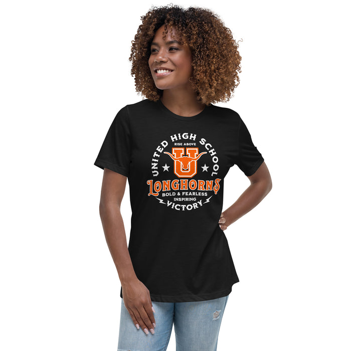 Woman wearing United High School Longhorns Women's Black T-shirt 206