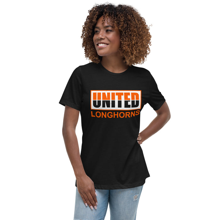 Woman wearing United High School Longhorns Women's Black T-shirt 031