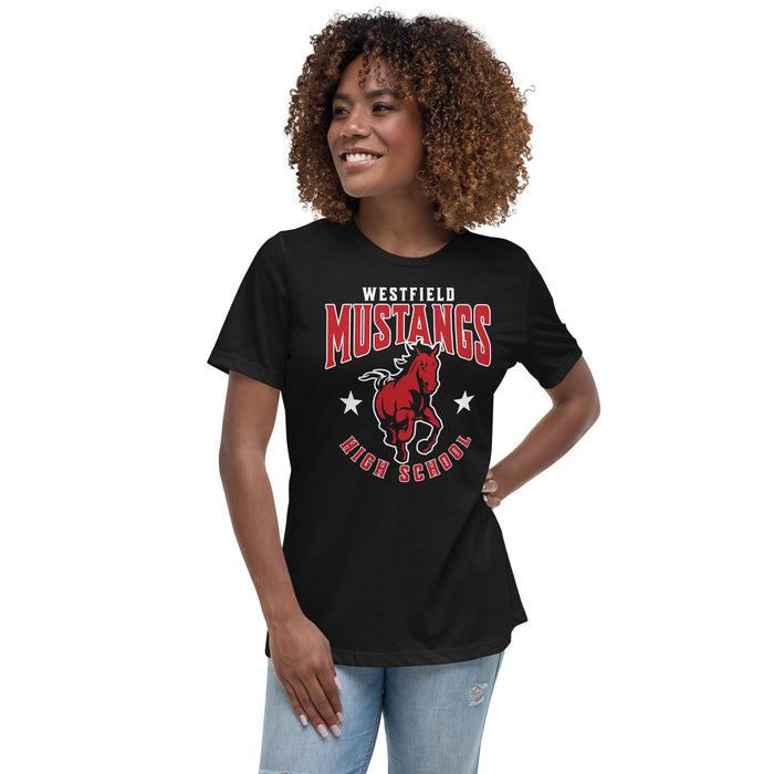 Woman wearing Westfield High School Mustangs Women's Black T-shirt 213