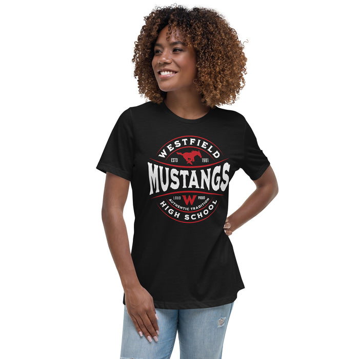 Woman wearing Westfield High School Mustangs Women's Black T-shirt 218