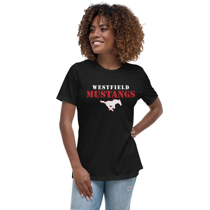 Woman wearing Westfield High School Mustangs Women's Black T-shirt 222