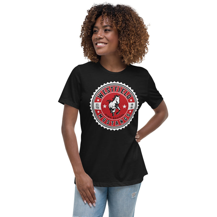 Woman wearing Westfield High School Mustangs Women's Black T-shirt 203