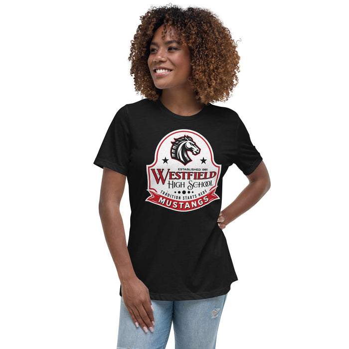 Woman wearing Westfield High School Mustangs Women's Black T-shirt 219