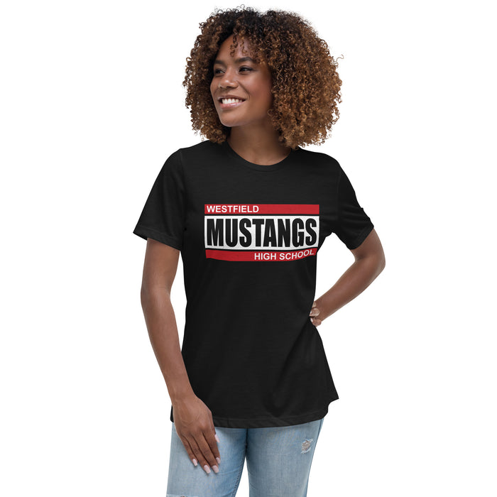 Woman wearing Westfield High School Mustangs Women's Black T-shirt 098