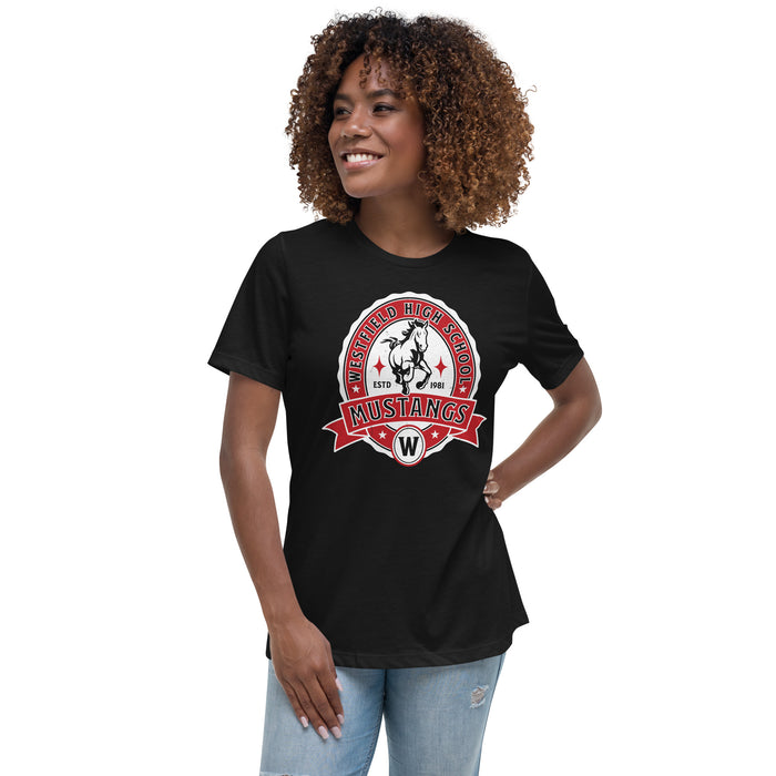 Woman wearing Westfield High School Mustangs Women's Black T-shirt 212