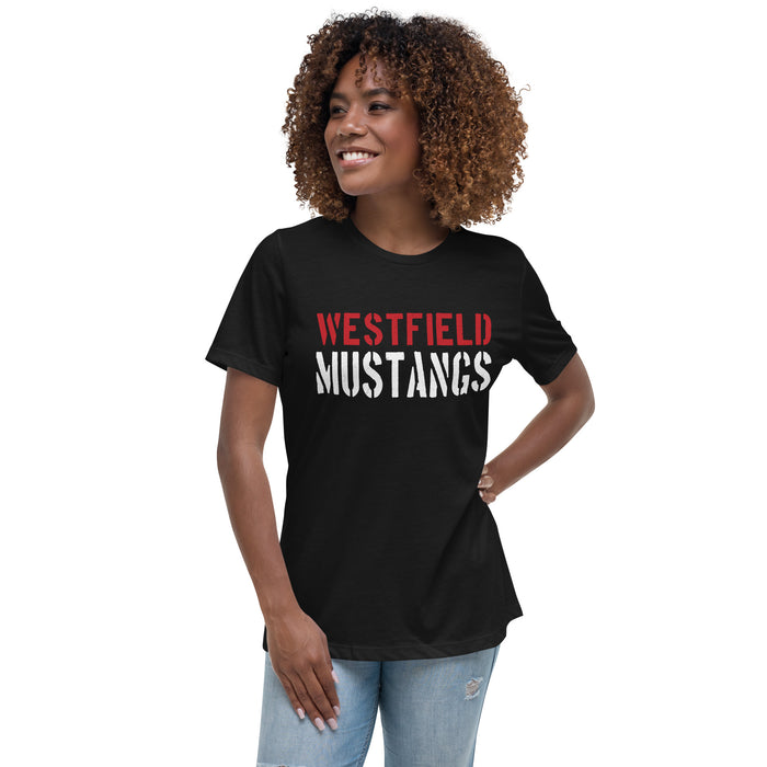 Woman wearing Westfield High School Mustangs Women's Black T-shirt 017