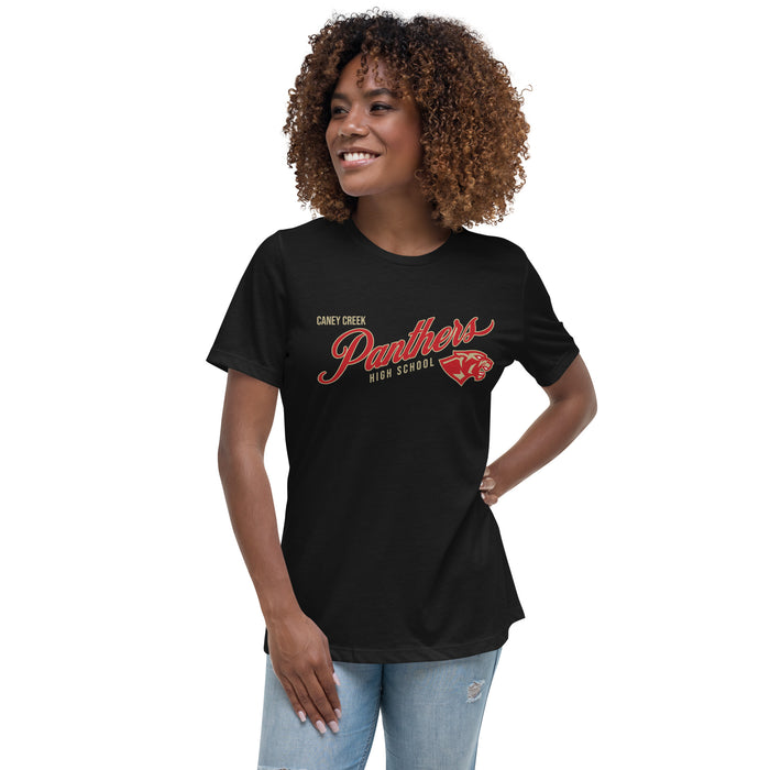 Woman wearing Caney Creek High School Panthers Women's Black T-shirt 202