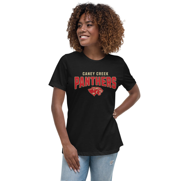 Woman wearing Caney Creek High School Panthers Women's Black T-shirt 223