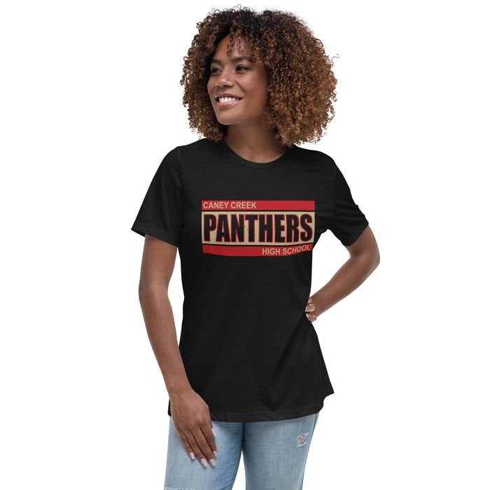 Woman wearing Caney Creek High School Panthers Women's Black T-shirt 098