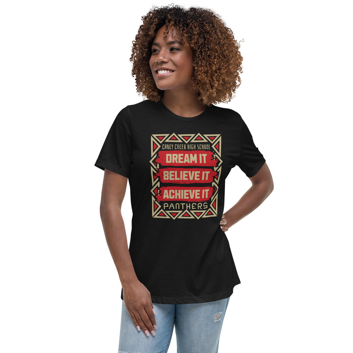 Woman wearing Caney Creek High School Panthers Women's Black T-shirt 229