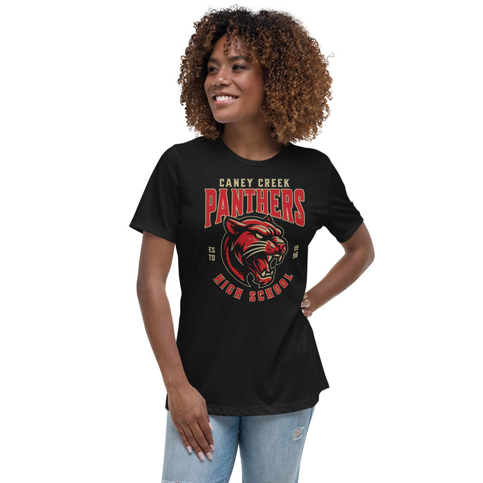 Woman wearing Caney Creek High School Panthers Women's Black T-shirt 211