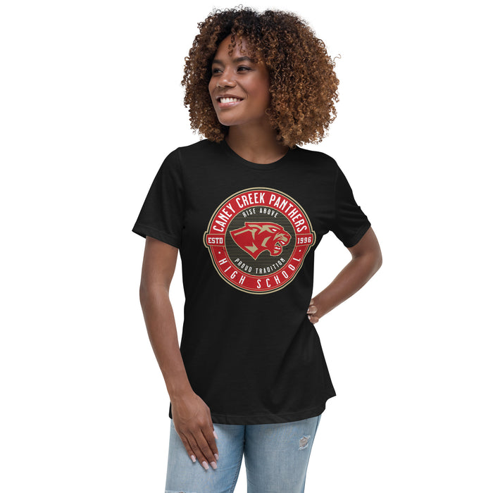 Woman wearing Caney Creek High School Panthers Women's Black T-shirt 224