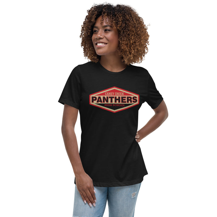 Woman wearing Caney Creek High School Panthers Women's Black T-shirt 009