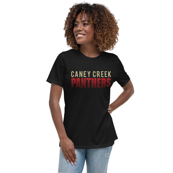 Woman wearing Caney Creek High School Panthers Women's Black T-shirt 024