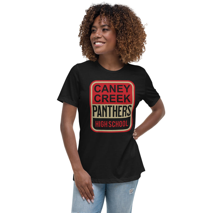 Woman wearing Caney Creek High School Panthers Women's Black T-shirt 001