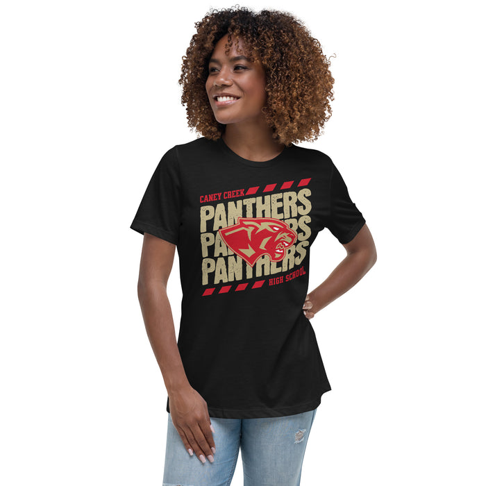 Woman wearing Caney Creek High School Panthers Women's Black T-shirt 230