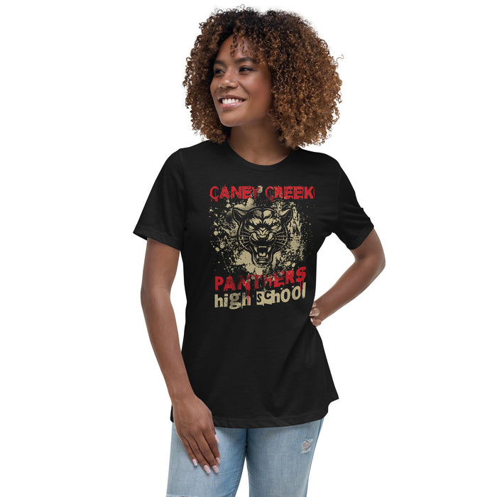 Woman wearing Caney Creek High School Panthers Women's Black T-shirt 205