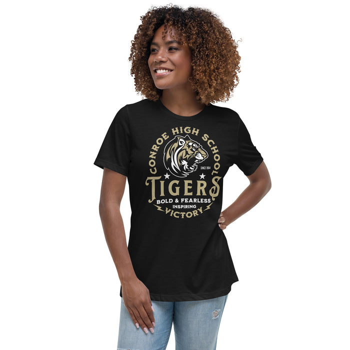 Woman wearing Conroe High School Tigers Women's Black T-shirt 206