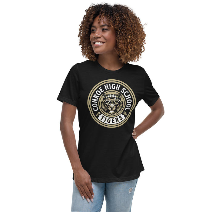 Woman wearing Conroe High School Tigers Women's Black T-shirt 220