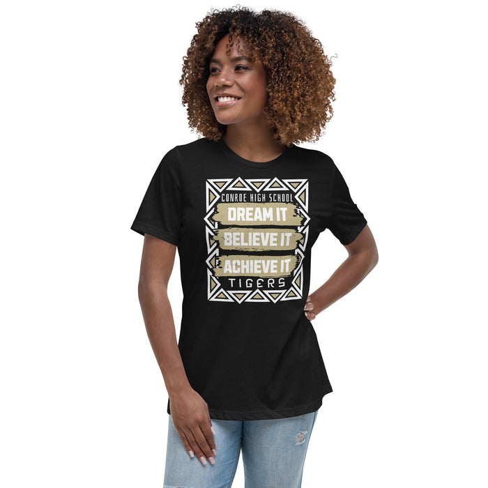Woman wearing Conroe High School Tigers Women's Black T-shirt 228