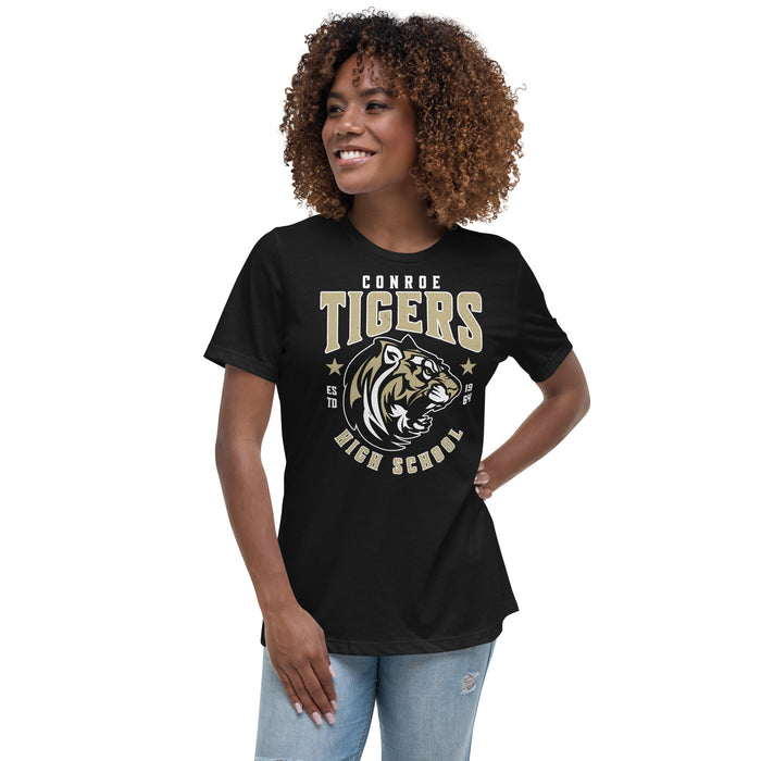 Woman wearing Conroe High School Tigers Women's Black T-shirt 213