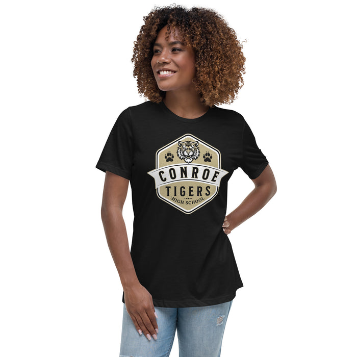 Woman wearing Conroe High School Tigers Women's Black T-shirt 209