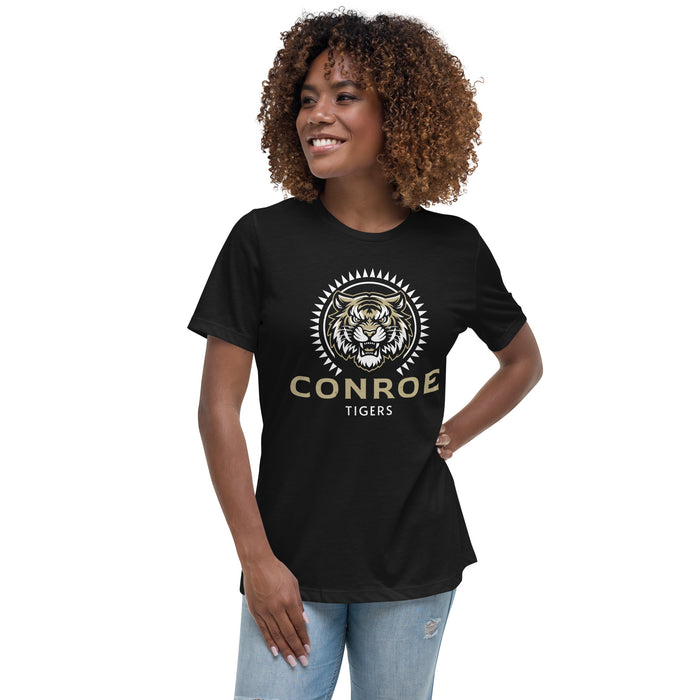 Woman wearing Conroe High School Tigers Women's Black T-shirt 226