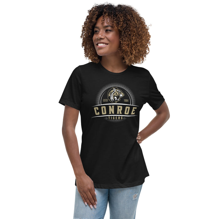 Woman wearing Conroe High School Tigers Women's Black T-shirt 221